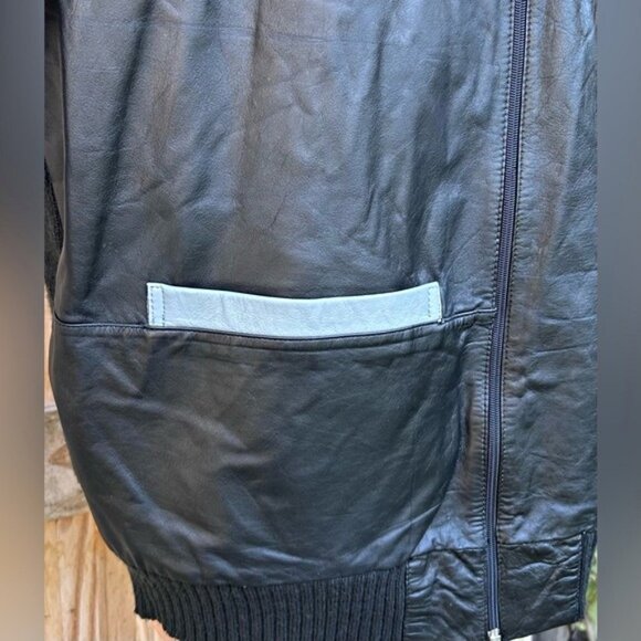 Vintage Mario Bellucci Black Genuine Leather Knit Sweater Bomber Jacket~XLT~ - Picture 2 of 7